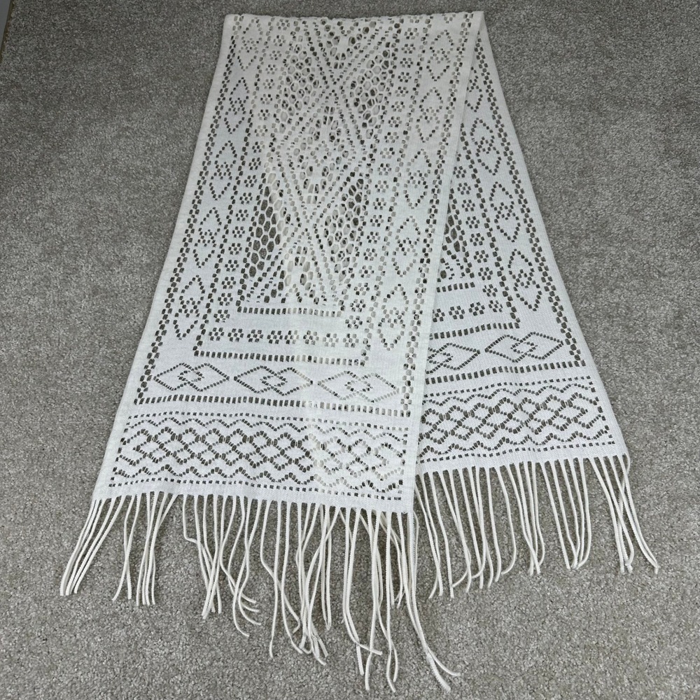 Ivory Crochet Lace Scarf Geometric Boho Fringe Tassel Polyester Wrap Cream White